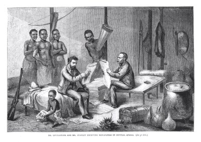 Dr. David Livingstone (1813-73) et M. Henry Morton Stanley (1841-1904) recevant des journaux en Afrique centrale, gravé par Pearson - Johann Baptist Zweecker