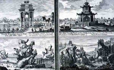 Quatre vues montrant un arc de triomphe chinois, une pagode à Sinkicien dans la province de Xantum, des montagnes et des grottes artificielles et un pont suspendu près de la ville de Kingtung, Chine, de 