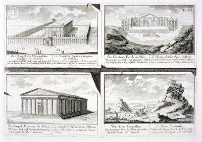 Vues de quatre bâtiments classiques : Le Temple de Zeus Olympien, le Théâtre de Dionysos à Athènes, le Temple d