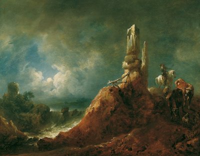 Paysage avec ruine et cavalier au clair de lune - Johann Christian Brand