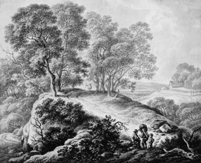 Paysage avec figures et chemin entre de grands arbres - Johann Christian Klengel