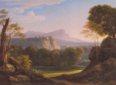 French : Italian landscape with castle on a ridge Italian landscape with castle on a ridge - Johann Christian Reinhart