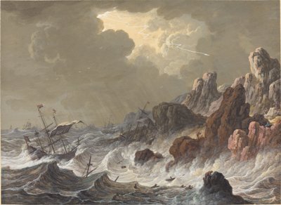 Navires secoués par la tempête échoués sur une côte rocheuse - Johann Christoph Dietzsch