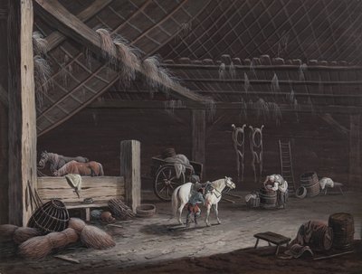 Le cheval blanc : intérieur de grange - Johann Christoph Dietzsch