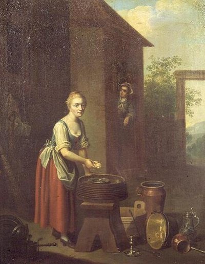 Une servante lavant des plats dans une cour - Johann Daniel Bager