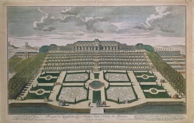 Vue en perspective du château de Sanssouci, Potsdam, Allemagne - Johann David Schleuen