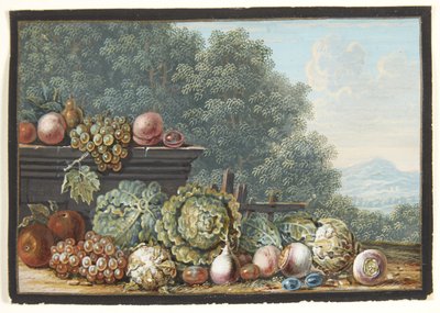 Nature morte avec légumes et fruits. En arrière-plan, vue sur un paysage montagneux méridional - Johann Dietzsch