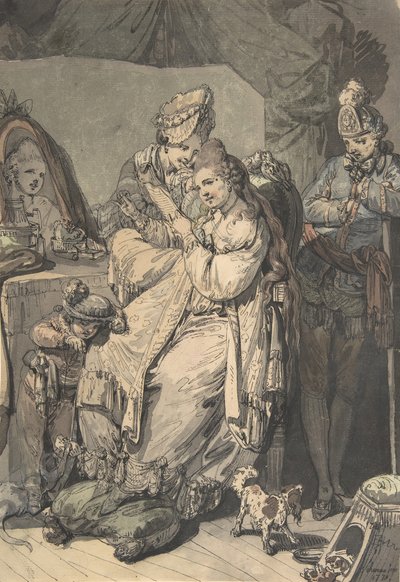 Une femme à sa toilette avec une servante, un garçon, un chien et un jeune soldat, verso : Un croquis, 1770 - Johann Eleazar Schenau