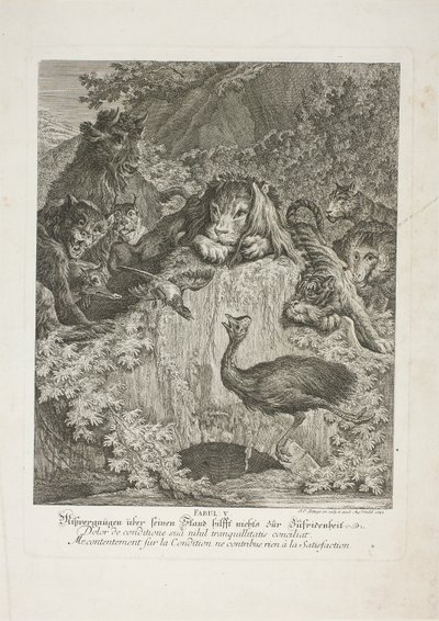 Fable V, planche cinq de Lehrreiche Fabeln aus dem Reiche der Theire - Johann Elias Ridinger