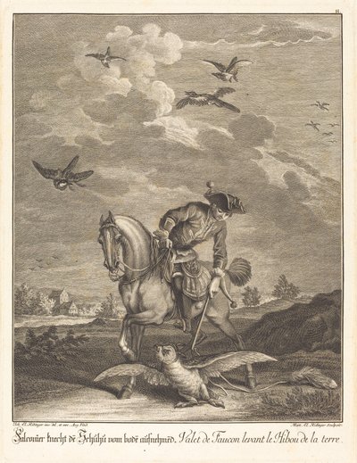 Fauconnier levant une chouette du sol - Johann Elias Ridinger