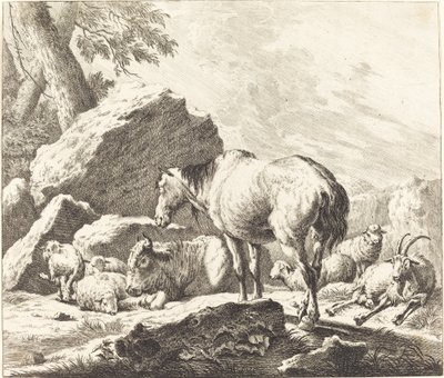 Un cheval, un buffle, des moutons et une chèvre dans un paysage italien - Johann Elias Ridinger after Johann Heinrich Roos