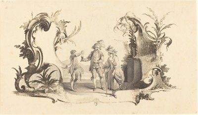 Cartouche moderne avec un jeune couple servi du vin - Johann Esaias Nilson