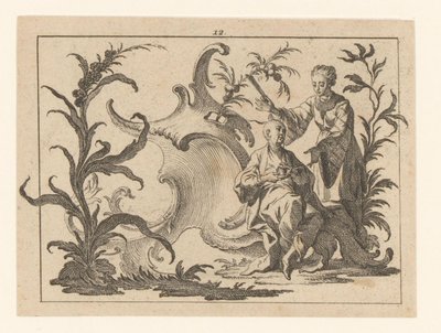 Chinois avec tasse et soucoupe assis dans un ornement rococo, à côté de lui une femme avec éventail (Fumeurs sur ornement rococo) - Johann Esaias Nilson