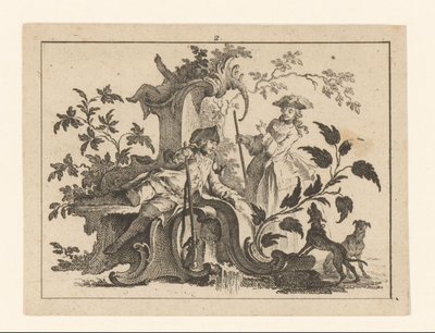Homme fumant la pipe avec un fusil et une femme avec deux chiens sur un ornement rococo Rokers op rococo-ornament (titre de la série) - Johann Esaias Nilson