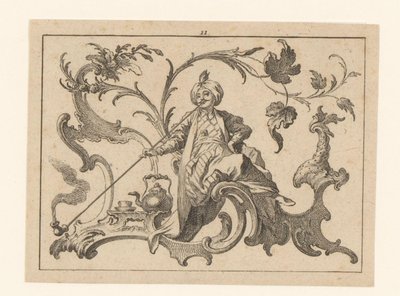 Homme fumant la pipe avec un turban assis sur un ornement rococo, à côté de lui une cruche, une tasse et une soucoupe - Johann Esaias Nilson