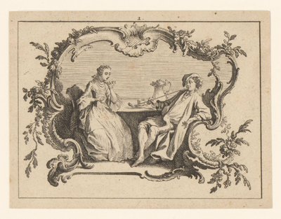 Femme et homme fumant la pipe à une table dans une cartouche - Johann Esaias Nilson