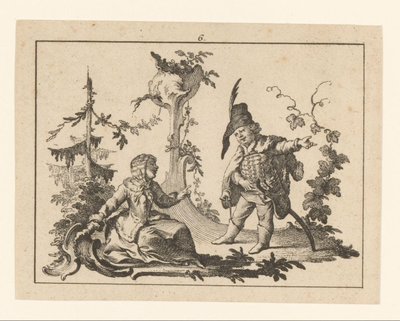 Femme assise avec un homme debout avec une pipe sur un ornement rococo - Johann Esaias Nilson