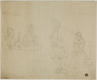 Esquisse de groupe familial avec trois femmes assises et un jeune homme debout - Johann Friedrich August Tischbein