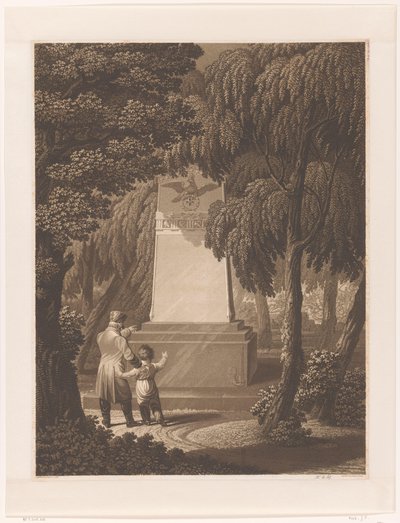 Homme avec un enfant devant un monument pour un officier de l