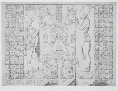 Relief représentant un prêtre avec des offrandes du sanctuaire du Temple du Soleil, Palenque, planches 29 et 30 de Monuments anciens du Mexique, gravé par Werner - Johann Friedrich Maximilian von Waldeck