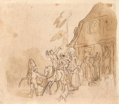 Voiture hippomobile avec des buveurs de bière devant l