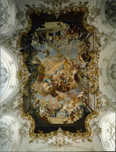 Art baroque : La Vierge entourée de saints. Fresque de la voûte par Johann Georg Bergmüller (1688-1792) 1736 Église du couvent des Augustins. 1732-1739 Diessen am Ammersee, Allemagne - Johann Georg Bergmuller