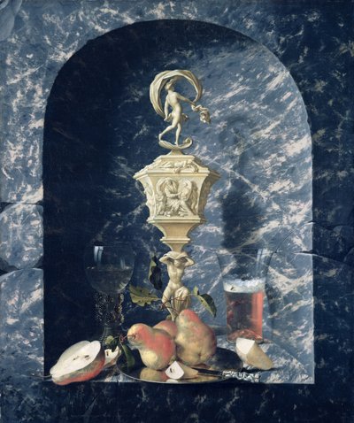 Nature morte avec gobelet décoré, fruits et verres dans une alcôve en pierre - Johann Georg Hinz
