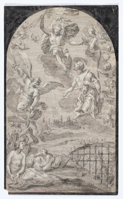Saint intercédant auprès du Christ pour ne pas lancer la foudre sur la ville d