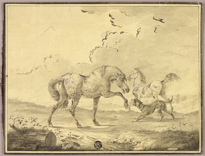 Deux chevaux se battant contre un chien - Johann Georg Pforr