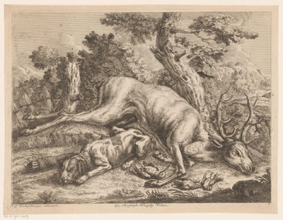 Chien de chasse et gibier avec cerf et oiseaux (série: Gibiers de chasse) - Johann Georg Wachsschlunger