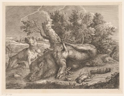 Chien de chasse et gibier avec sanglier, cerf et oiseaux - Johann Georg Wachsschlunger