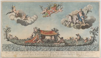 La deuxième gondole très ornée de Francesco Antonio Berka entrant à Venise, Dieux sur c..., 1700 - Johann Georg Wolfgang
