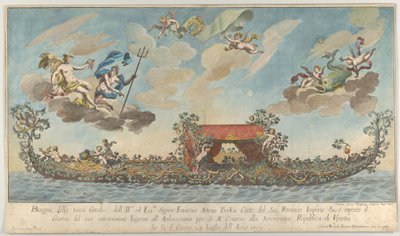 La troisième gondole très ornée de Francesco Antonio Berka entrant à Venise, Dieux sur cl... - Johann Georg Wolfgang