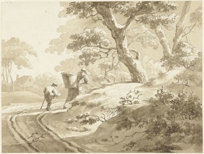 Paysage avec femme et garçon sur un chemin de campagne - Johann Heinrich Keller (II) (possibly)
