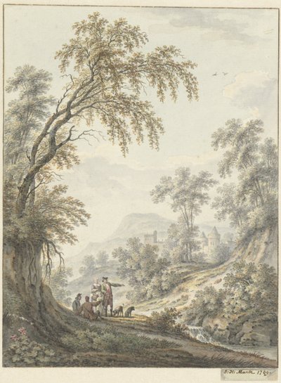 Paysage avec petite cascade et château au loin - Johann Heinrich Muntz