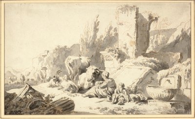 Un conducteur avec sa famille et son bétail près de ruines classiques - Johann Heinrich Roos