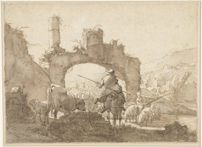 Deux bergers conduisant leur bétail à travers une rivière - Johann Heinrich Roos