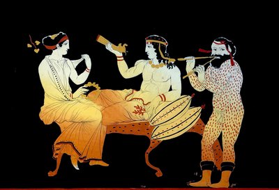 Dionysos assisté par une Ménade et un satyre jouant de l