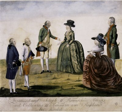 Rencontre de Catherine II et Joseph II sur le Dniepr (gravure en couleur) - Johann Hieronymus Loeschenkohl