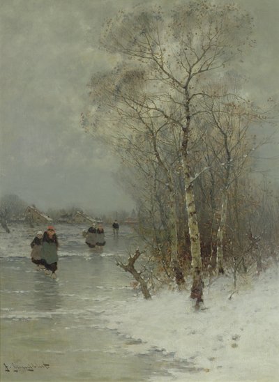 Filles marchant sur une rivière gelée - Johann II Jungblut