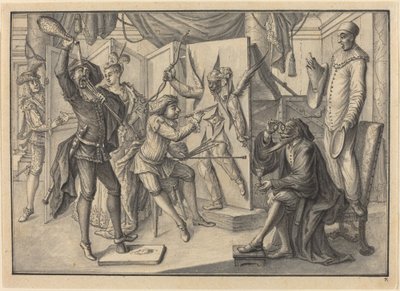 Mezzetin peint un portrait de Cupidon en découpant la toile pour révéler Arlequin - Johann Jacob Schubler