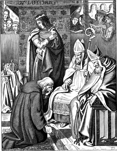 Louis le Pieux faisant pénitence à Attigny en 822, illustration de la Geschichte des deutschen Volkes par E. Duller, 1840 - Johann Jakob Kirchhoff