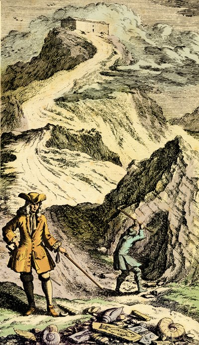 Paléontologie : Le naturaliste suisse Johann Jakob Scheuchzer (1672-1733) a découvert dans les montagnes suisses les traces du Déluge universel grâce aux fossiles. Gravure du « Museum Diluvianum » - Johann Jakob Scheuchzer