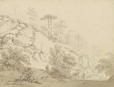 Paysans se reposant dans un terrain rocheux, en arrière-plan un château - Johann Josef Schindler
