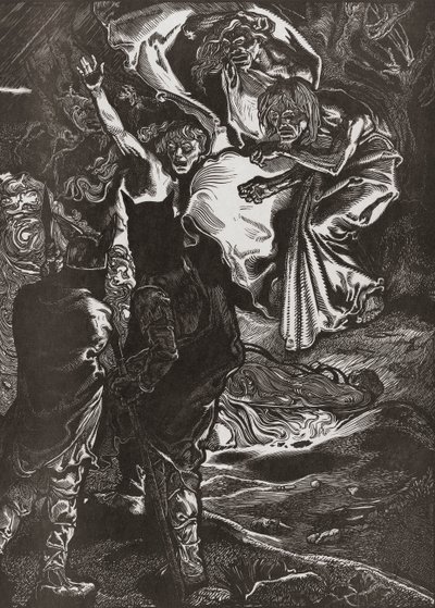 Macbeth et Banquo rencontrent les trois sorcières, 20e siècle (gravure) - Johann Joseph Aarts