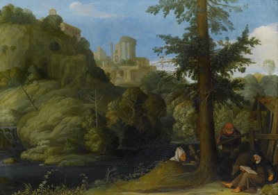 Un ermite avec deux voyageurs dans un paysage boisé - Johann König