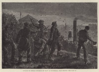 Assaut sur des étudiants allemands par des Slaves à Kuchelbad, près de Prague (gravure) - Johann Nepomuk (after) Schonberg