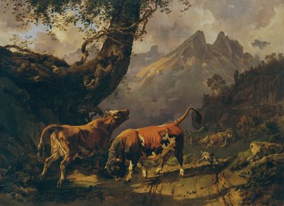 Taureau poursuivant une vache, paysage de Carrara en arrière-plan - Johann Nepomuk Rauch