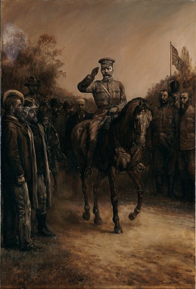 Le général Lord Kitchener saluant en passant devant les chefs boers qui se tiennent, chapeaux à la main, 1902 - Johann Nepomuk Schonberg