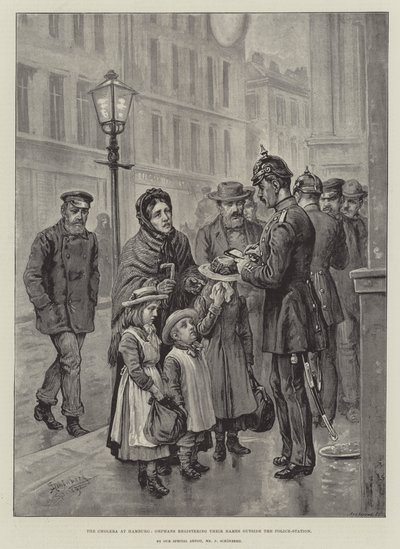 Le Choléra à Hambourg, orphelins enregistrant leurs noms devant le poste de police - Johann Nepomuk Schonberg
